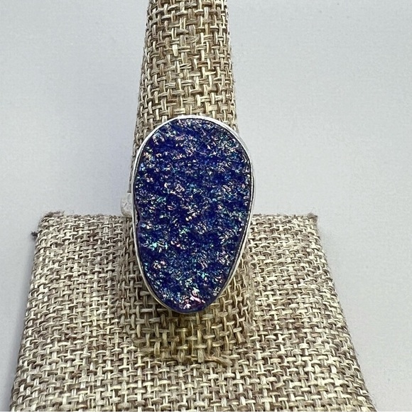 New Blue Titanium Druzy Crystal Stone Silver Overlay Ring Size 10 - Picture 3 of 8
